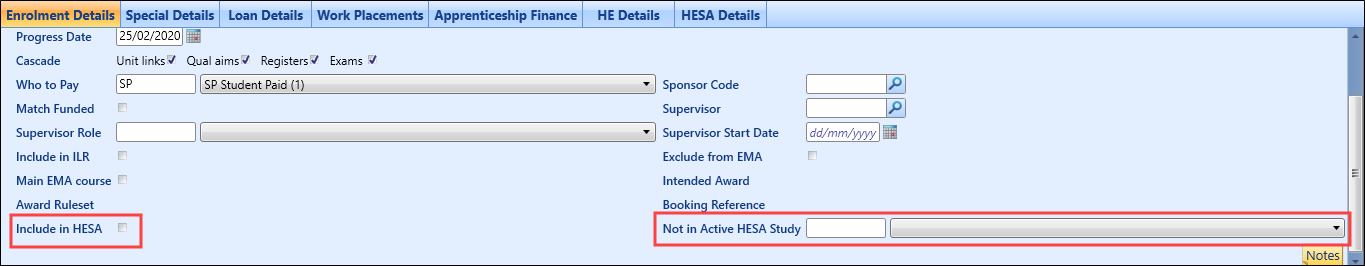 Include in HESA and Not in Active HESA Study fields